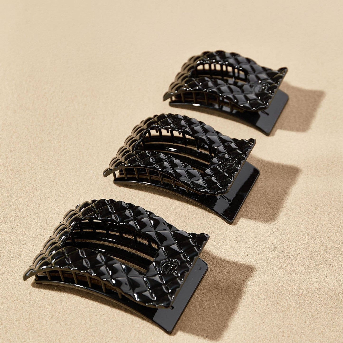 Jet Black Quilted Large Flat Rectangle Hair Clip