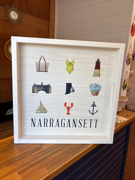 Narragansett Rhode Island Icons Wooden Serving Tray - White Frame