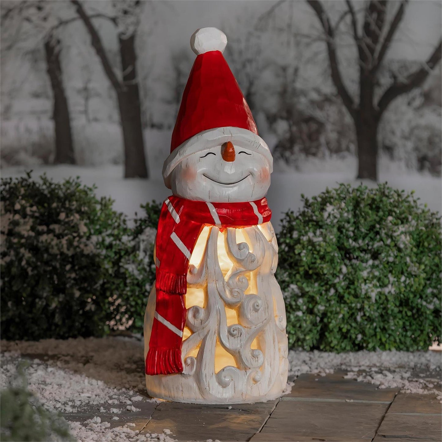 LED Resin Garden Statue, Snowman with Hat