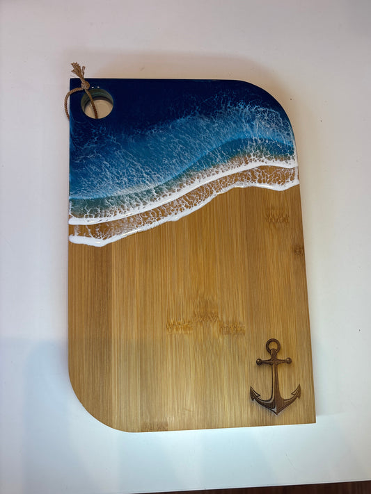Rhode Island-Made Serving Board with Blue Resin Ocean Waves & Laser-Engraved Anchor - Medium