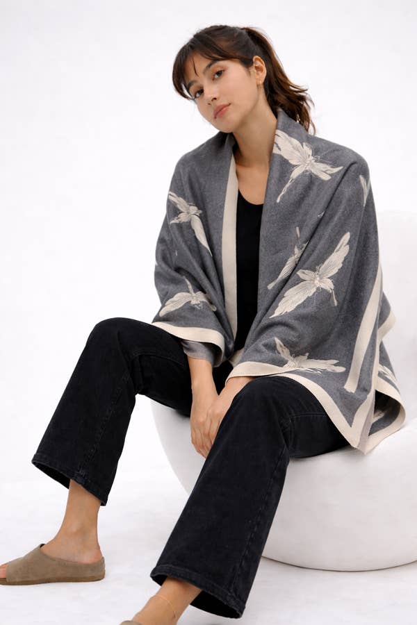 Gray / Ivory Dragonflies Reversible Wrap/Scarf