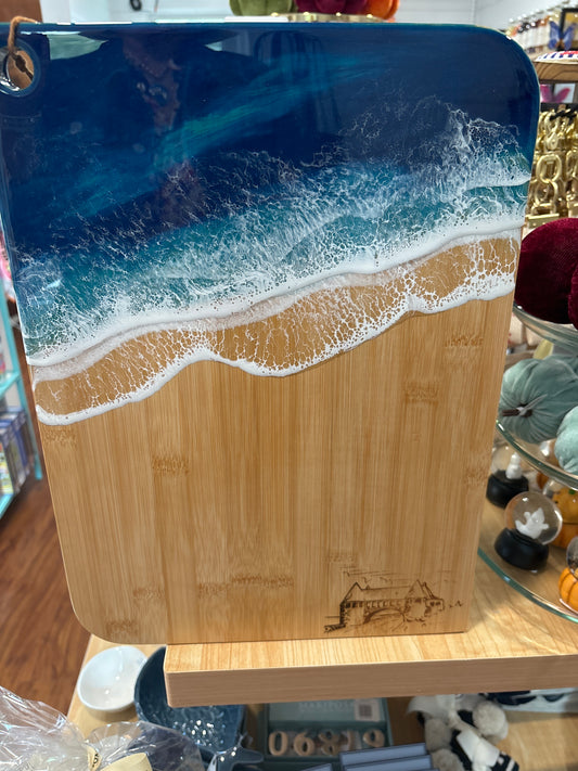 Rhode Island-Made Serving Board with Blue Resin Ocean Waves & Laser-Engraved Narragansett Towers - Large