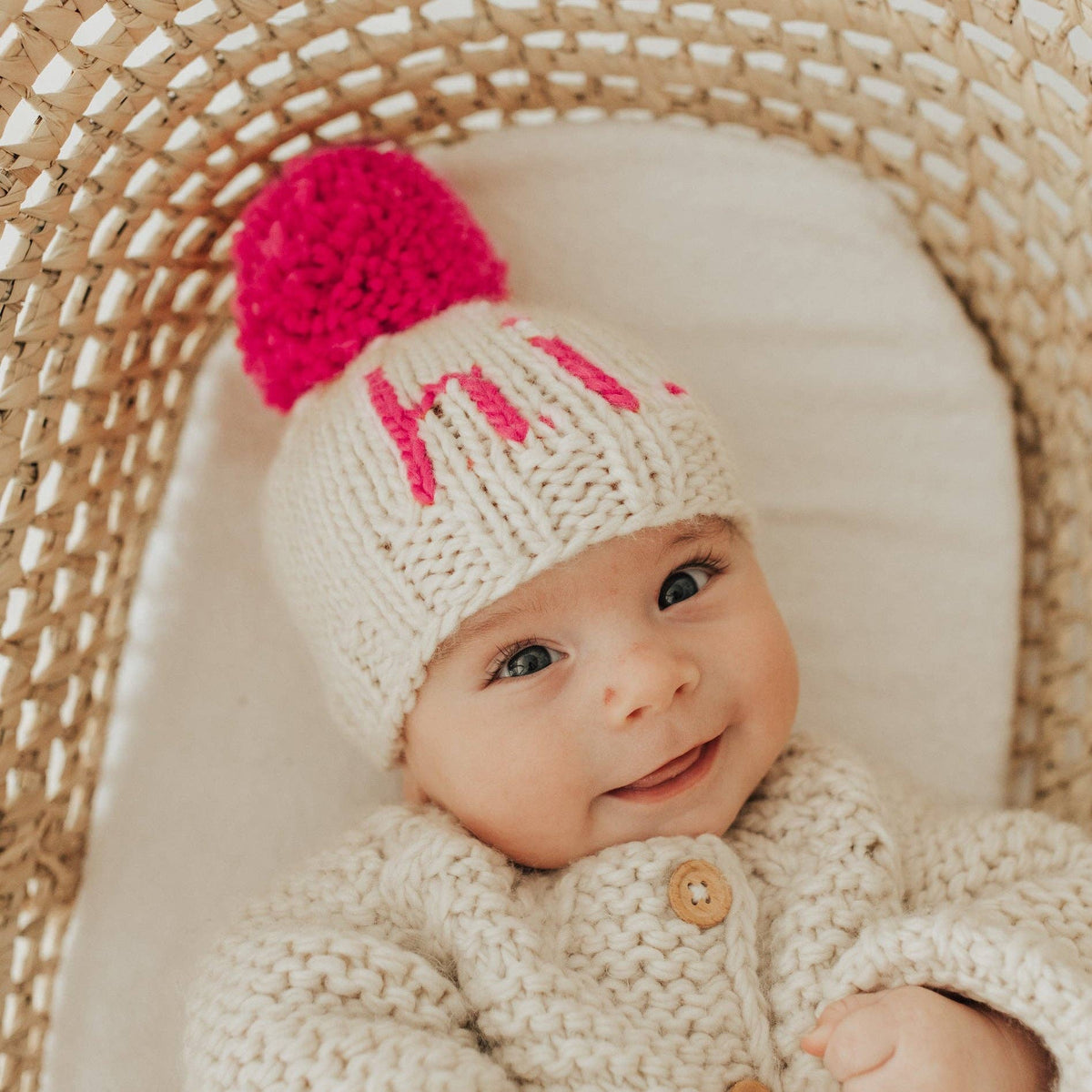 Hi. Neon Pink Hand Knit Beanie Hat