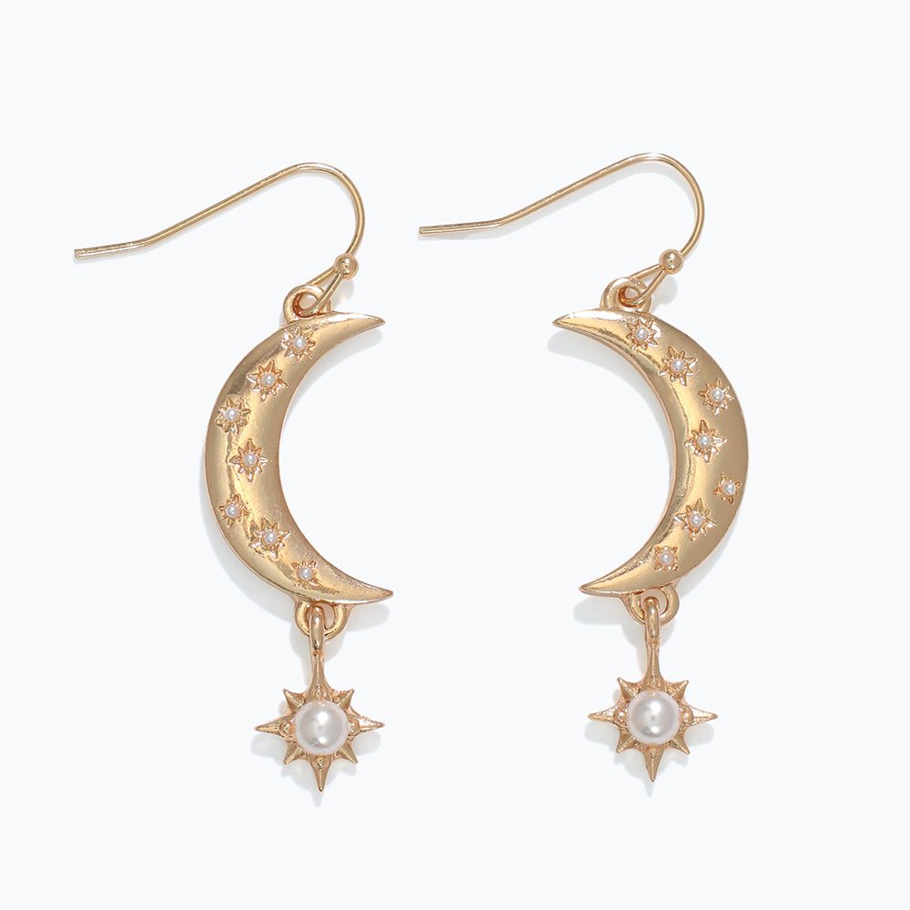 Moon and Star Dangle with a Pearl Earrings