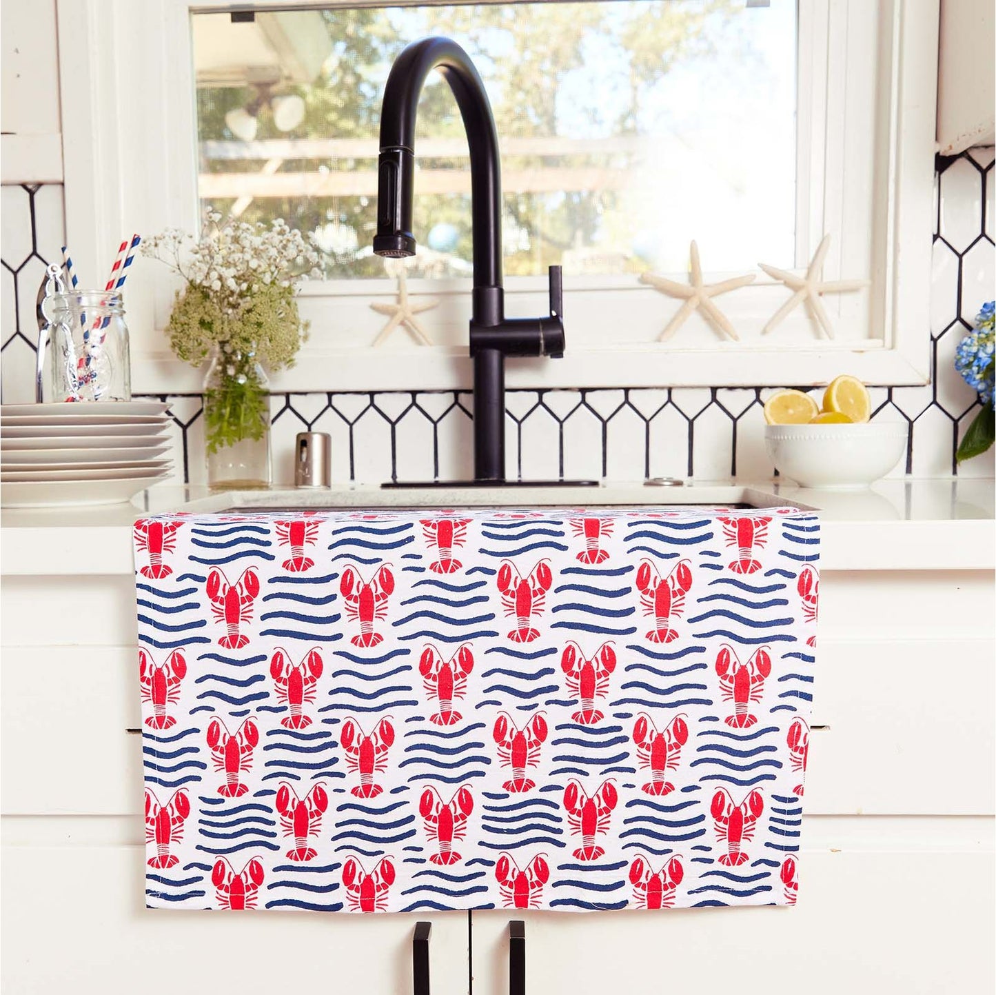 Lobster Waves Cotton Kitchen Towels, Set of 3