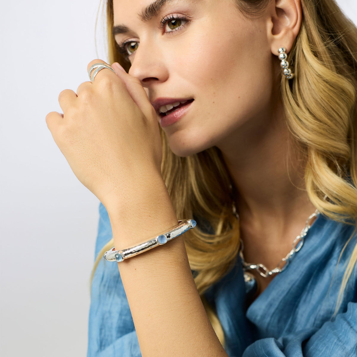 Catalina Stone Hinge Bangle Silver - Iridescent Aquamarine Blue
