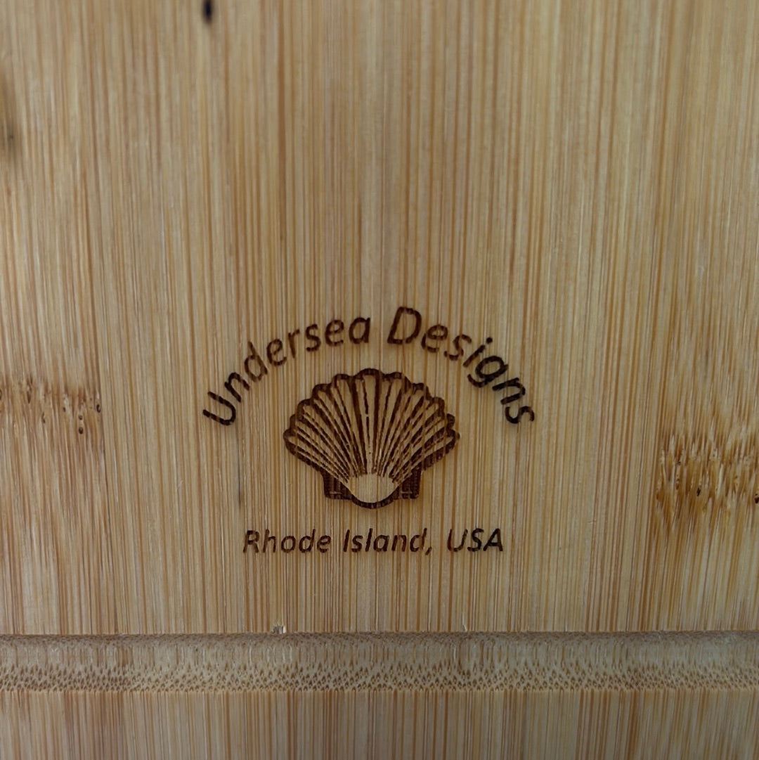 Rhode Island-Made Serving Board with Blue Resin Ocean Waves & Laser-Engraved Narragansett Towers - Large