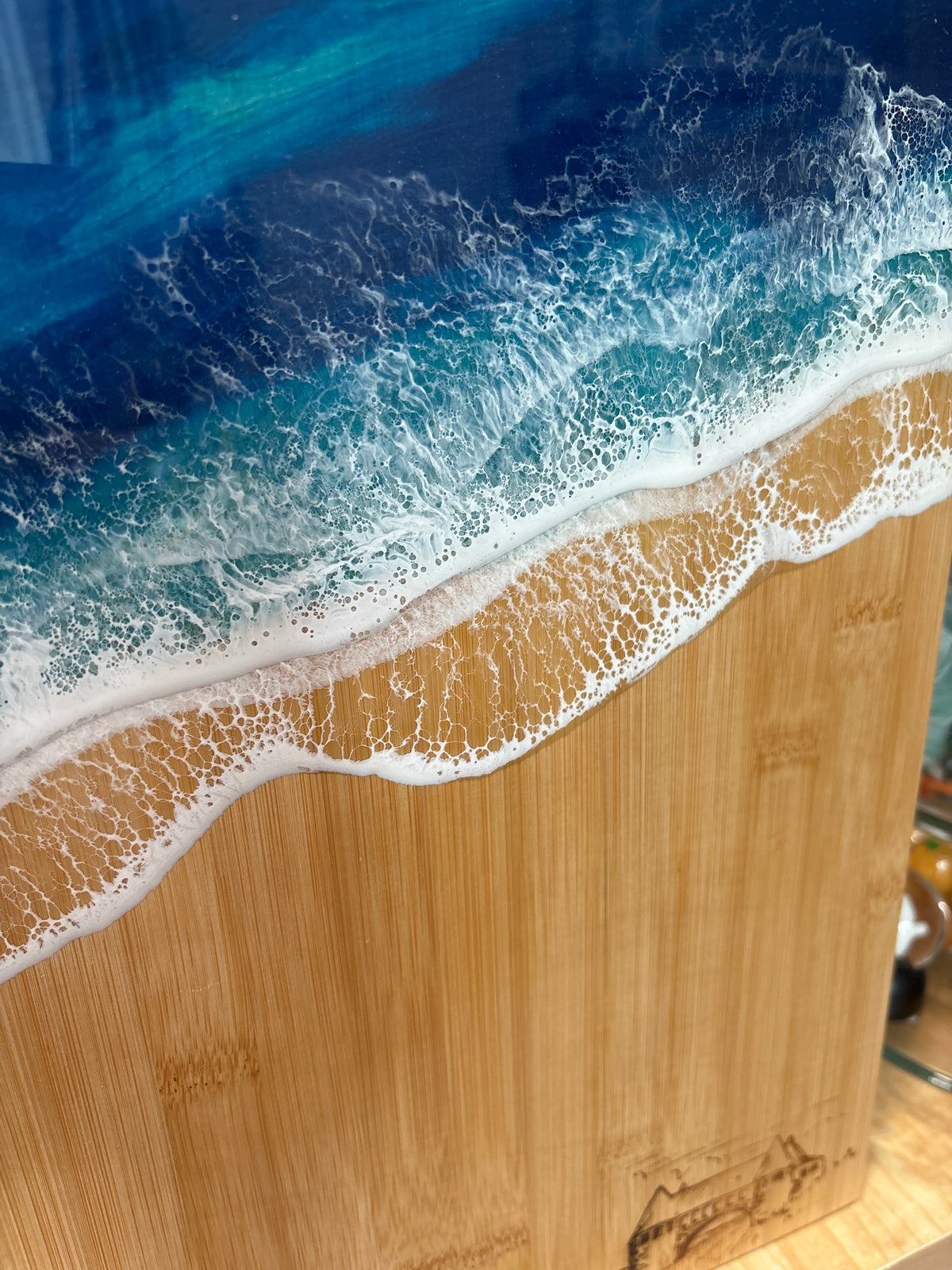 Rhode Island-Made Serving Board with Blue Resin Ocean Waves & Laser-Engraved Narragansett Towers - Large