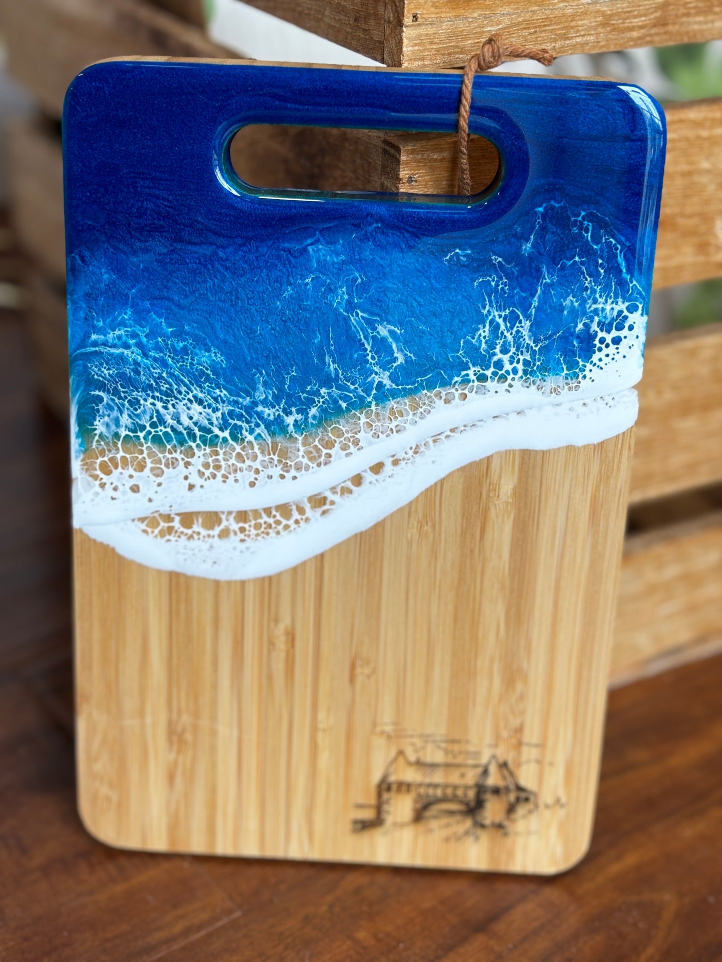 Rhode Island-Made Serving Board with Blue Resin Ocean Waves & Laser-Engraved Narragansett Towers - Small