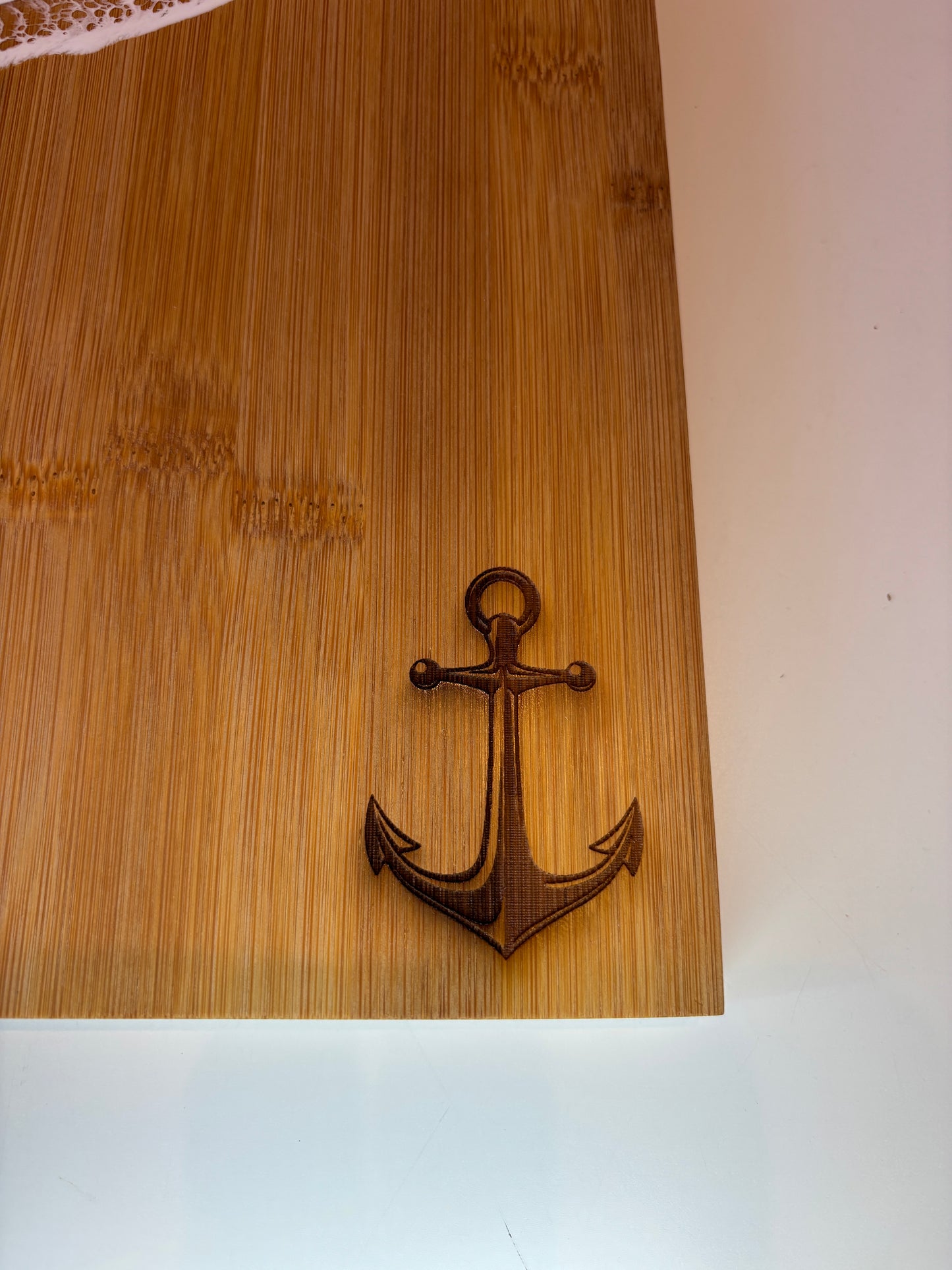 Rhode Island-Made Serving Board with Blue Resin Ocean Waves & Laser-Engraved Anchor - Medium