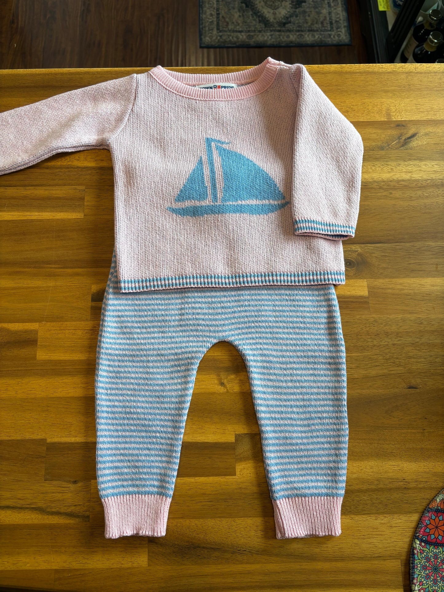 Sailboat Sweater & Striped Pants Set – Pink & Light Blue