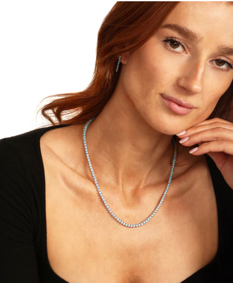 Not Your Basic Tennis Necklace Silver Blue Opal 18"