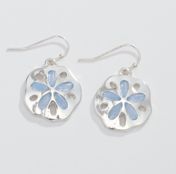 Blue Sea Glass Sand Dollar Earrings