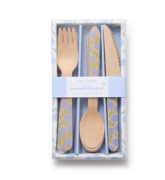 Hydrangea 30 Pc Disposable Birchwood Cutlery Set in Gift Box