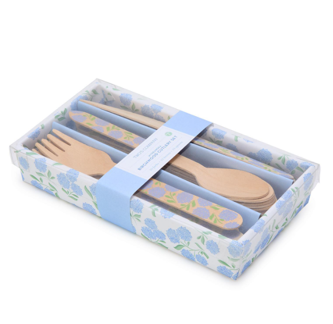 Hydrangea 30 Pc Disposable Birchwood Cutlery Set in Gift Box