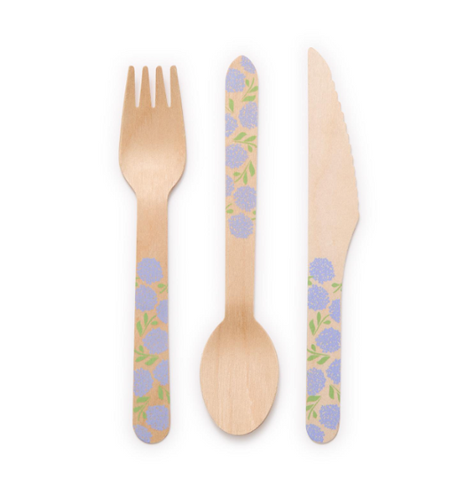 Hydrangea 30 Pc Disposable Birchwood Cutlery Set in Gift Box
