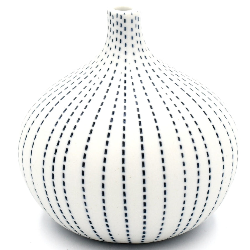 Porcelain Bud Vase Congo Tiny (Small) - White with Blue Dashed Lines