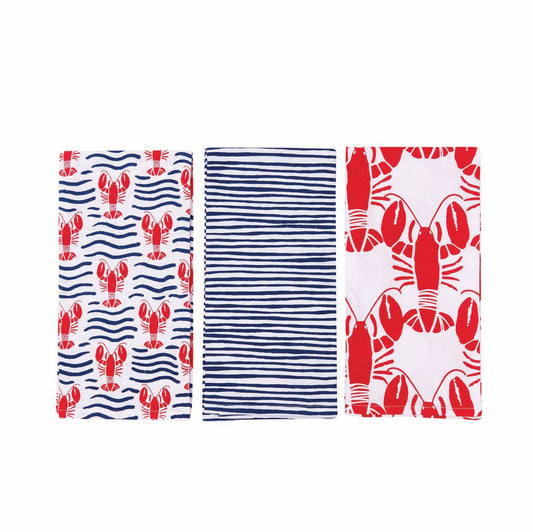 Lobster Waves Cotton Kitchen Towels, Set of 3