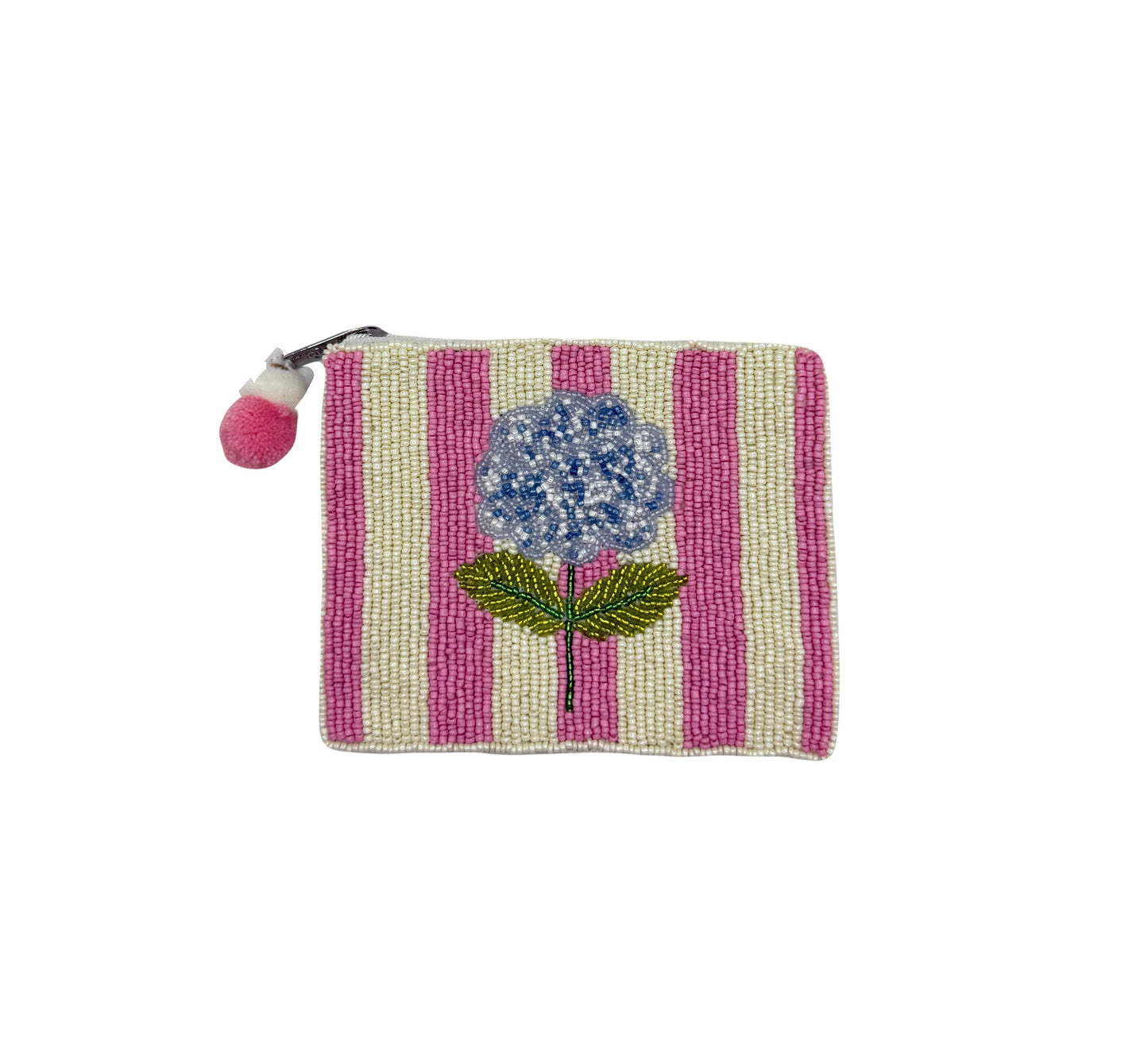 Pink & White Striped Hydrangea Beaded Coin Pouch
