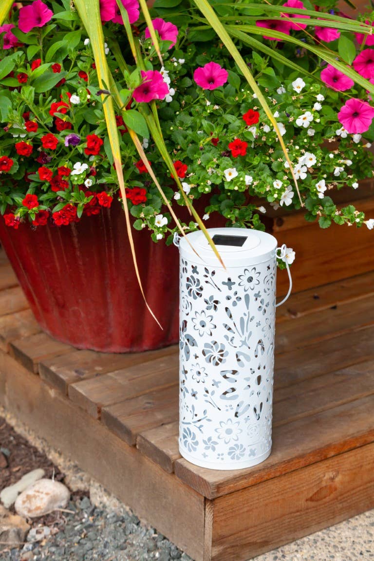 Metal Bloom 12" Outdoor Solar Lantern - White