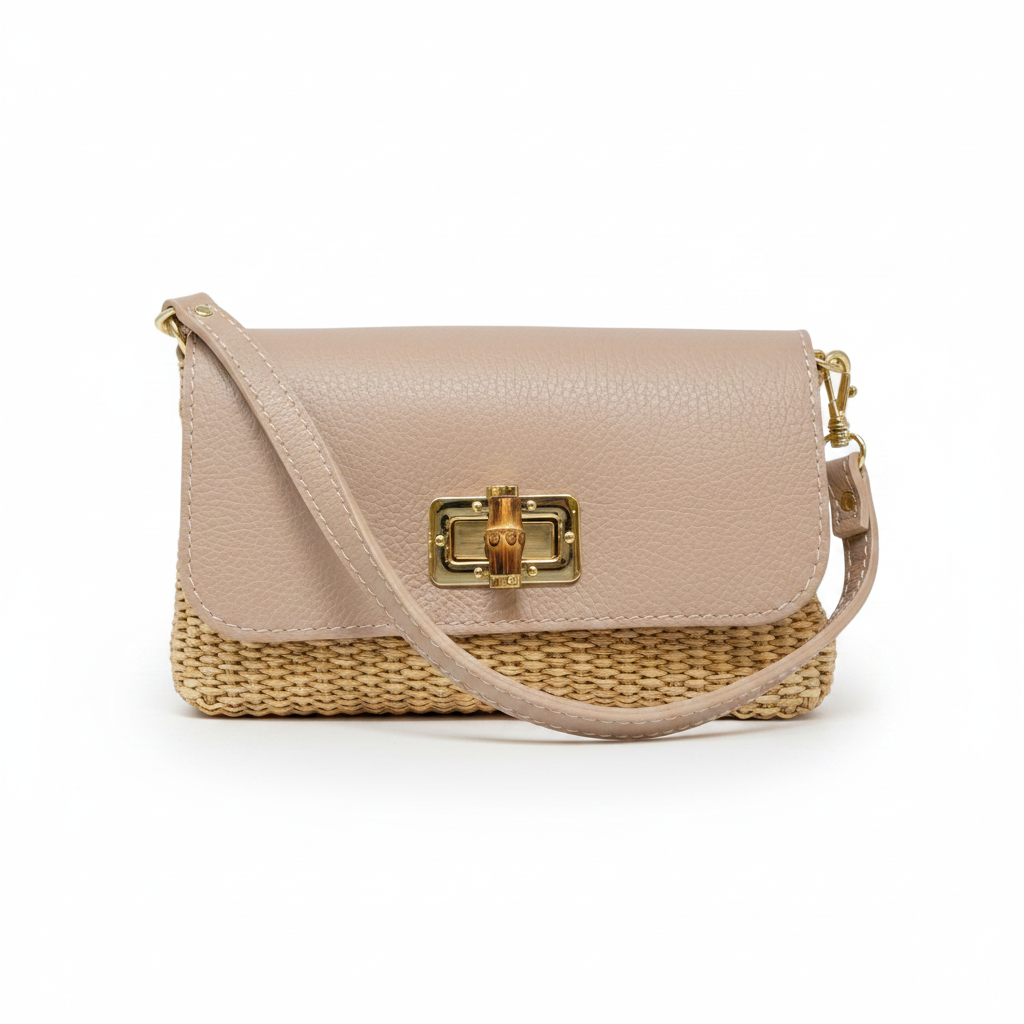 Leather Bamboo Clasp & Raffia Crossbody Bag - Nude