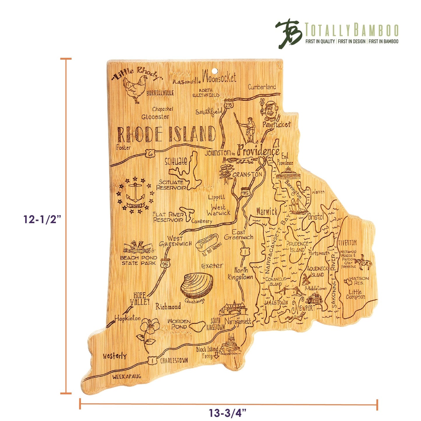 Rhode Island State Shaped Bamboo Serving and Cutting Board