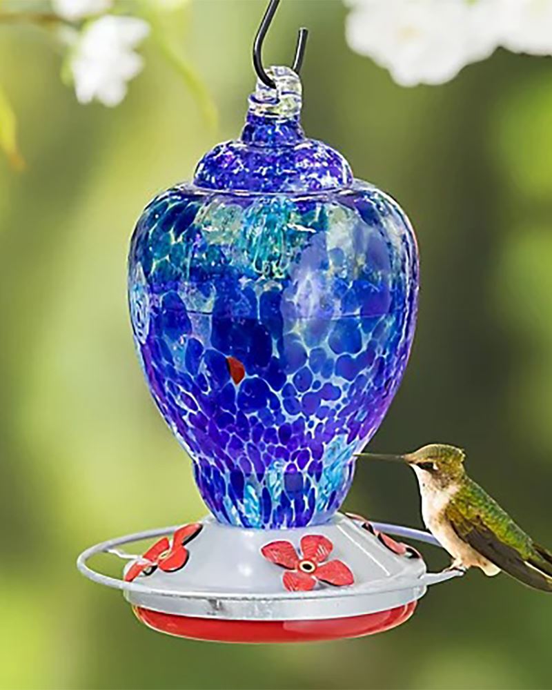 Blue Speckled Art Glass Hummingbird Feeder with Bronze Gondola