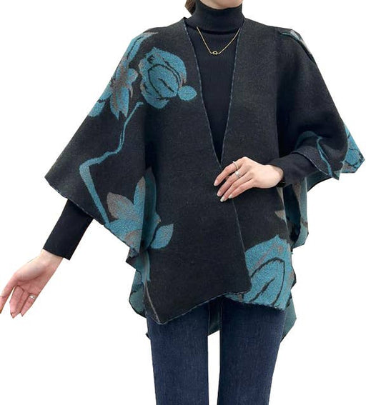 Cozy Cashmere Like Travel Wrap Aqua/Black Reversible Loop