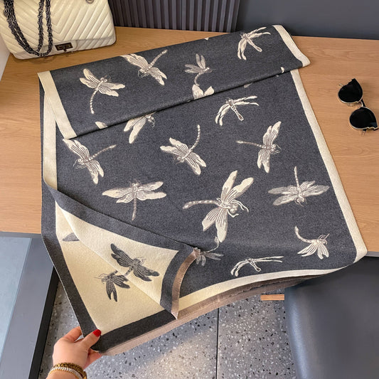 Gray / Ivory Dragonflies Reversible Wrap/Scarf