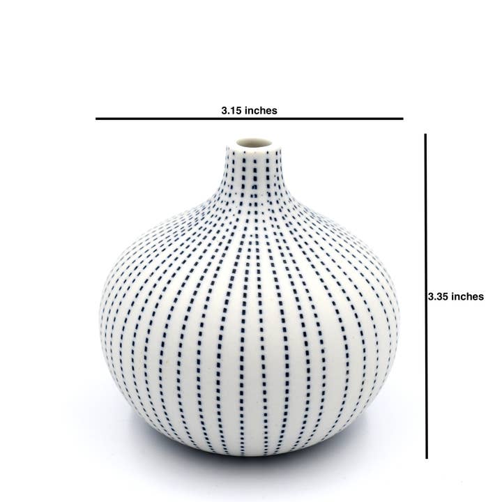 Congo Tiny Porcelain Bud Vase (Large) - White with Blue Dotted Lines