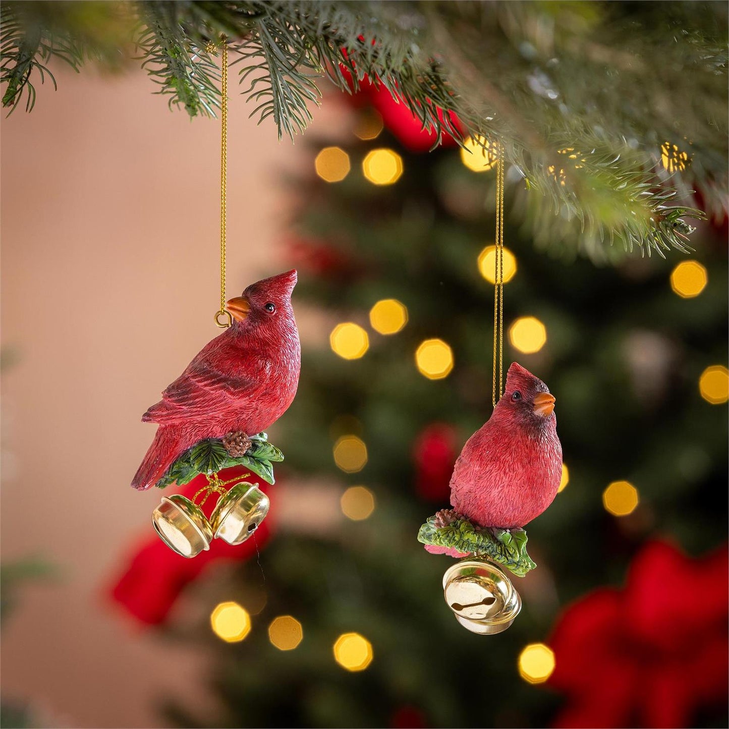 Holiday Poinsettia Ornament Resin Cardinal with Bells, 3.5"H