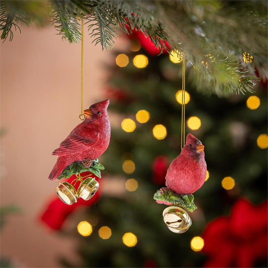 Holiday Poinsettia Ornament Resin Cardinal with Bells, 3.5"H