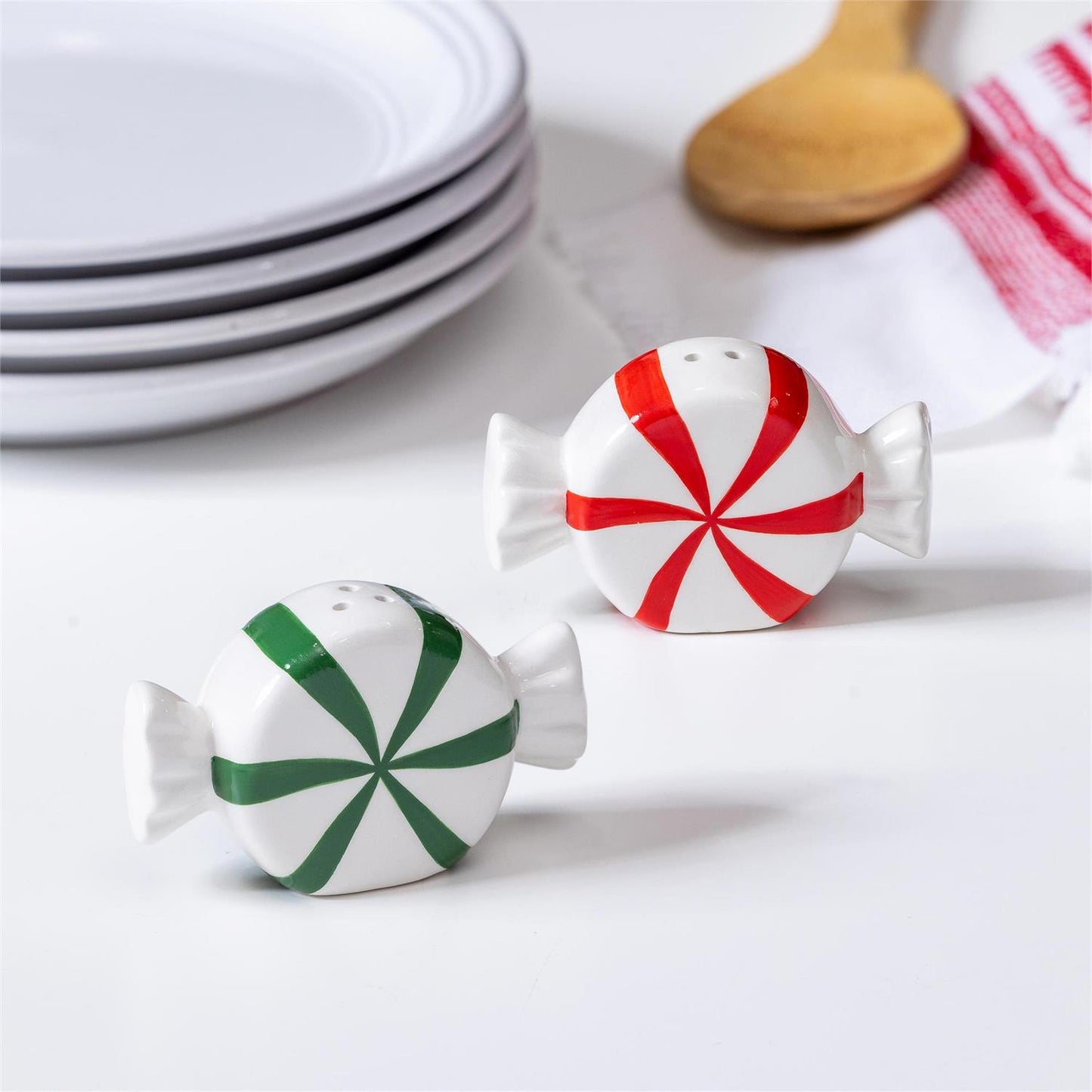 Salt & Pepper Shakers - Ceramic Peppermint Candy