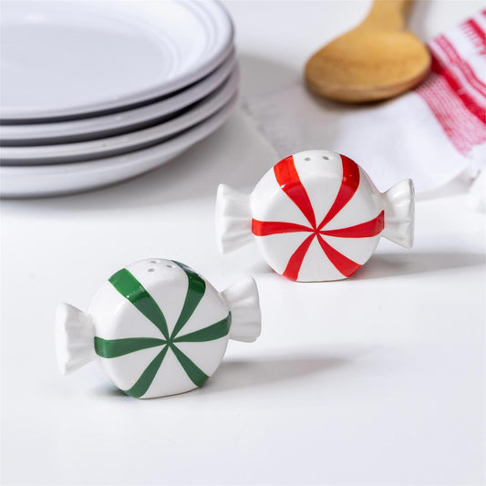 Salt & Pepper Shakers - Ceramic Peppermint Candy