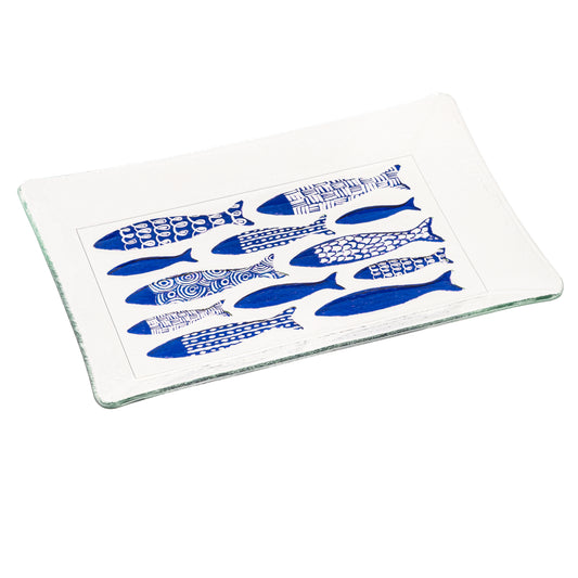 14" x 9" Rectangular Glass Platter, School of Fish