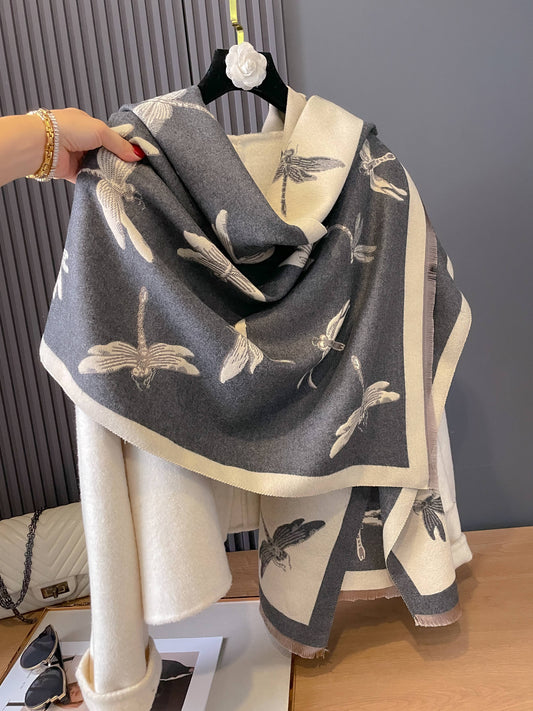 Gray / Ivory Dragonflies Reversible Wrap/Scarf
