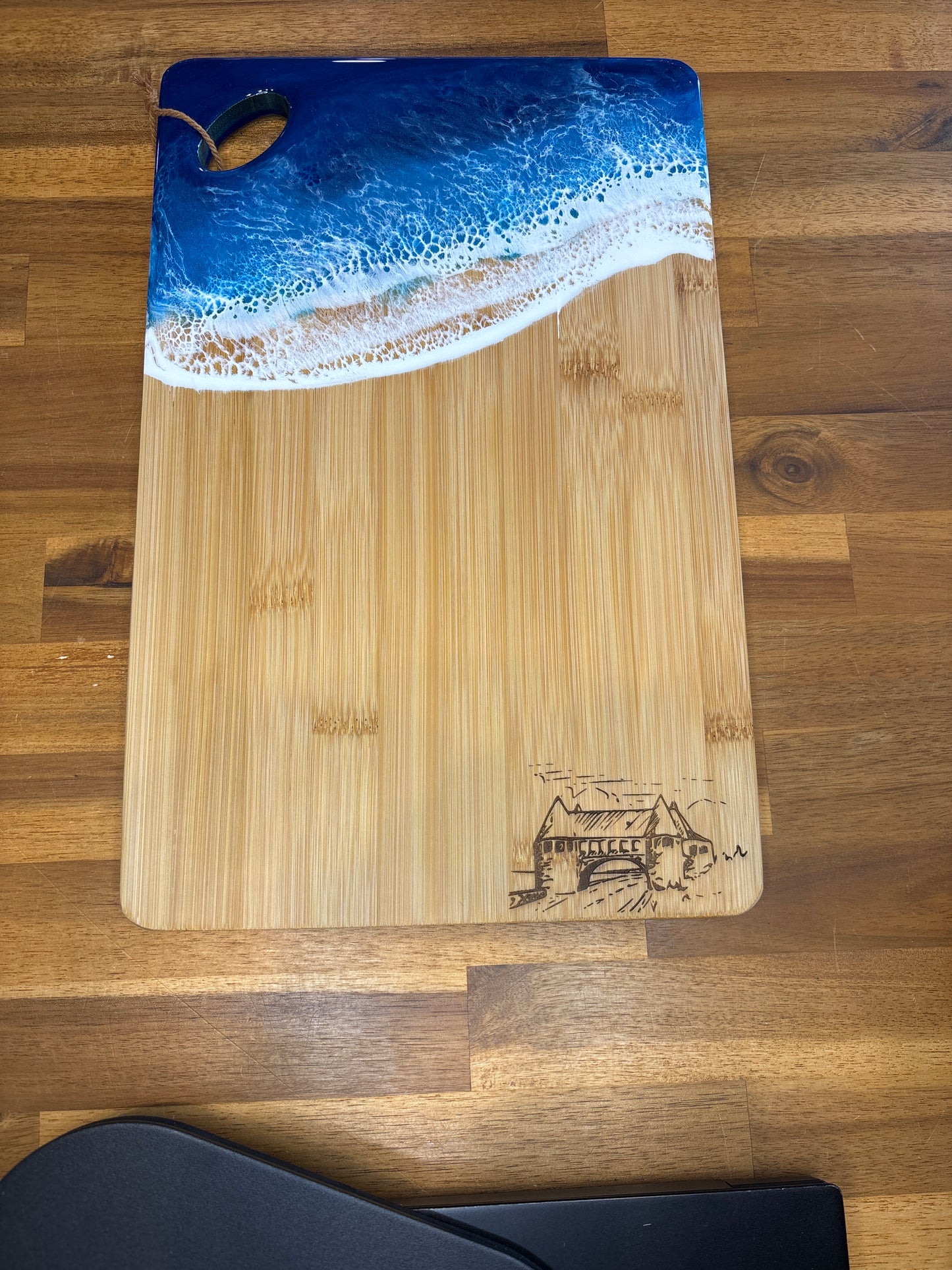 Rhode Island-Made Serving Board with Blue Resin Ocean Waves & Laser-Engraved Narragansett Towers - Large