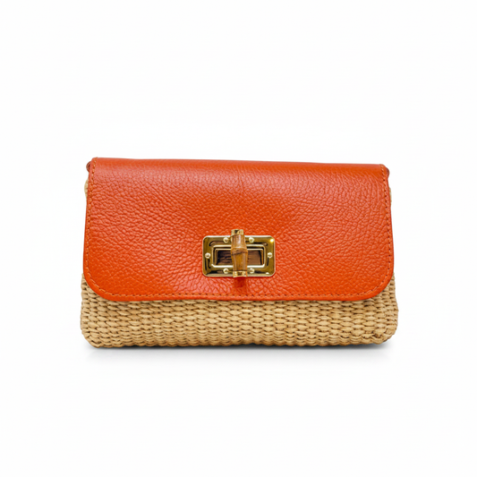 Leather Bamboo Clasp & Raffia Crossbody Bag - Orange