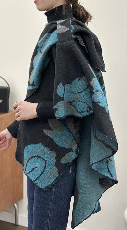 Cozy Cashmere Like Travel Wrap Aqua/Black Reversible Loop