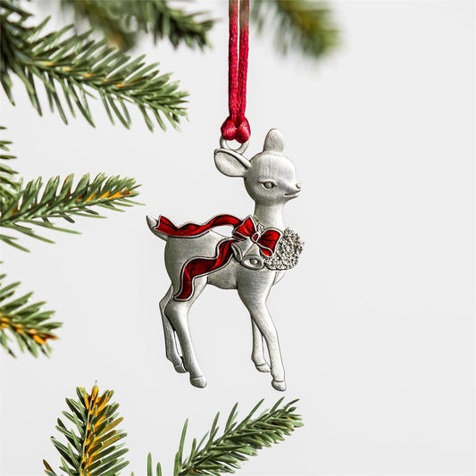 Solid Pewter Deer with Bow Ornament