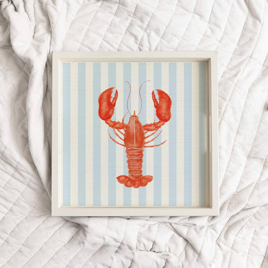 Blue Striped Watercolor Lobster Wooden Serving Tray