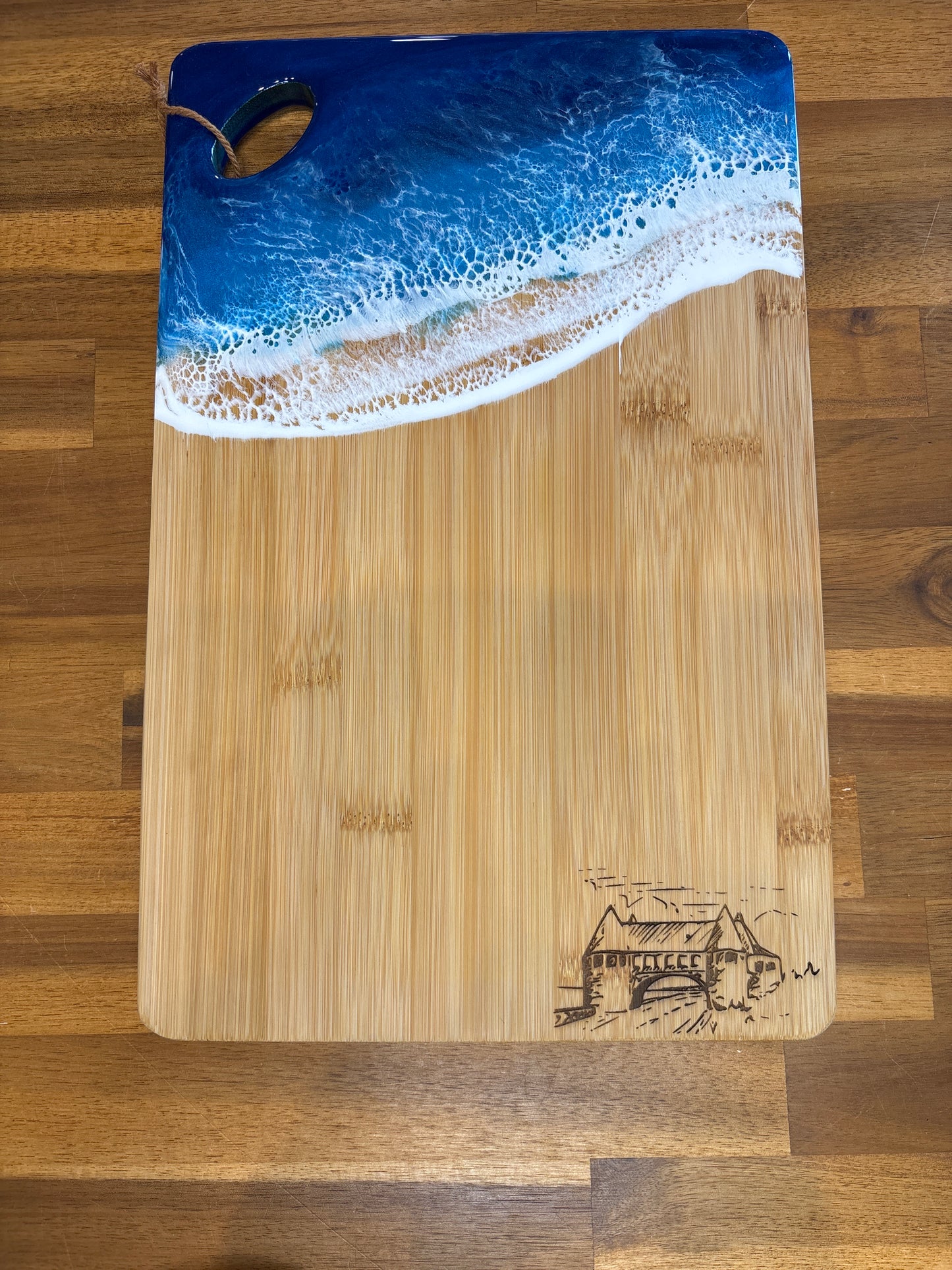 Rhode Island-Made Serving Board with Blue Resin Ocean Waves & Laser-Engraved Narragansett Towers - Large