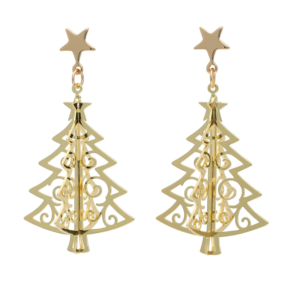 Gold 3D Open Xmas Tree Earrings