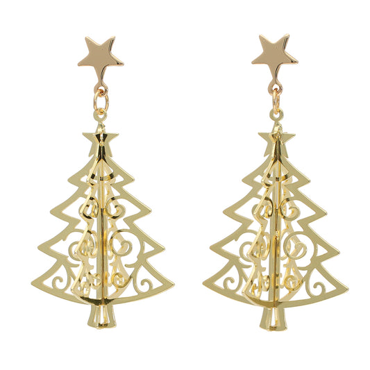 Gold 3D Open Xmas Tree Earrings