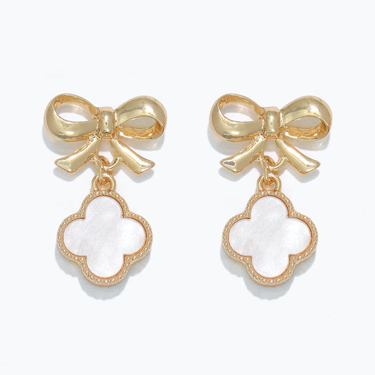 Gold Bow + White Clover Earrings