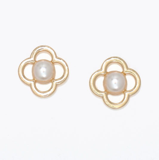 Gold Open Clovers with Pearl Center Earrings