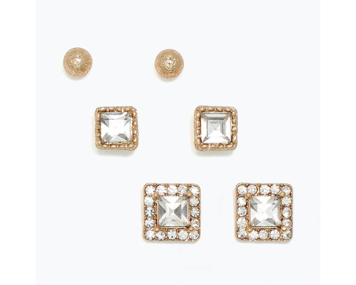 Trio Gold with Square Crystals Earrings