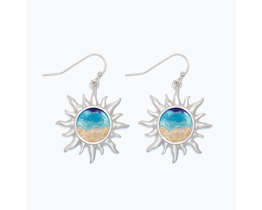 Silver Sun with Beach Scene Earrings