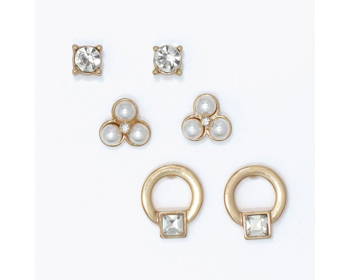 Trio of Pearls and Crystals in Gold Earrings