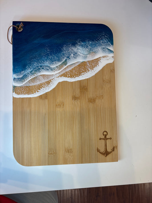 Rhode Island-Made Serving Board with Blue Resin Ocean Waves & Laser-Engraved Anchor - Large